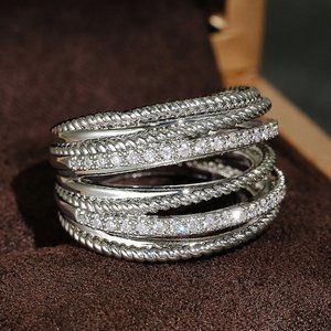 NEW 925 Silver Round Diamond Multi Layer  Ring